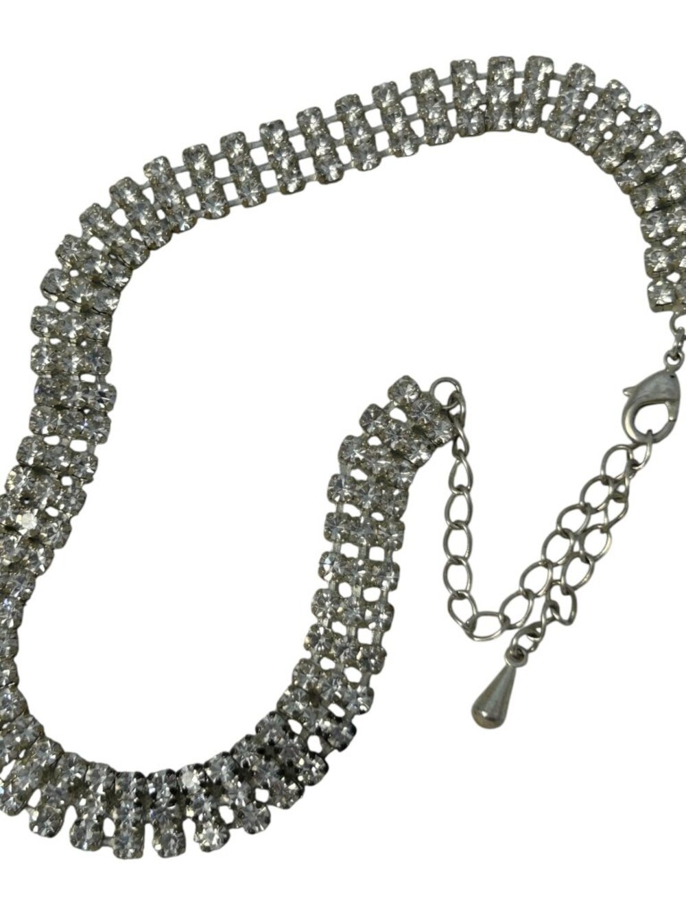 Clear Rhinestone Statement Collar Necklace Silver Tone Adjustable Glam Choker